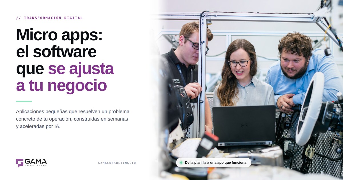 Equipo de una pyme revisando en un notebook una micro app hecha a medida para su operación